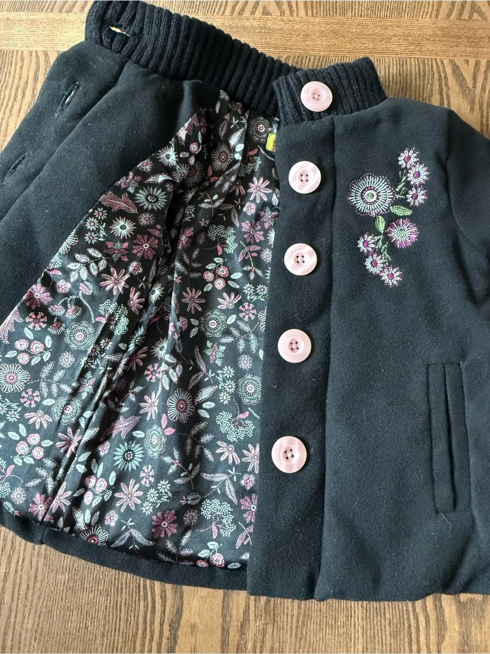 Penelope Mack Black Toddler Pea Coat with Floral Embroidery